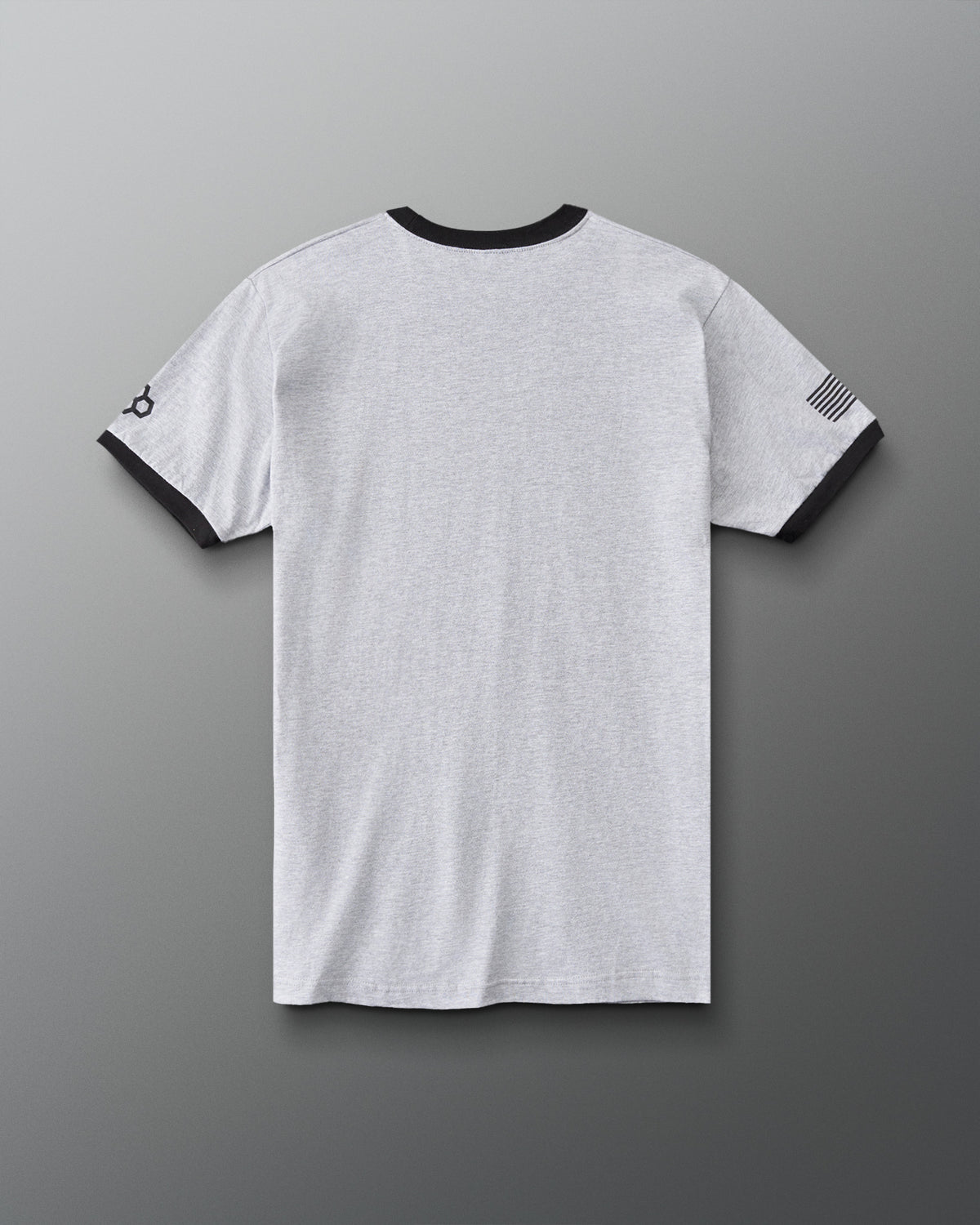 RUDIS U.S. Army Ringer T-Shirt in Athletic Gray/Black, back view showing heather gray fabric, black collar and sleeve trim, RUDIS sleeve logo, and black American flag graphic.