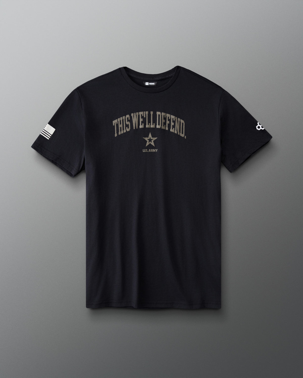 RUDIS U.S. Army Defend Elite Super Soft T-Shirt in Black, front view featuring THIS WE'LL DEFEND chest lettering, U.S. Army star emblem, American flag sleeve graphic, and RUDIS logo.