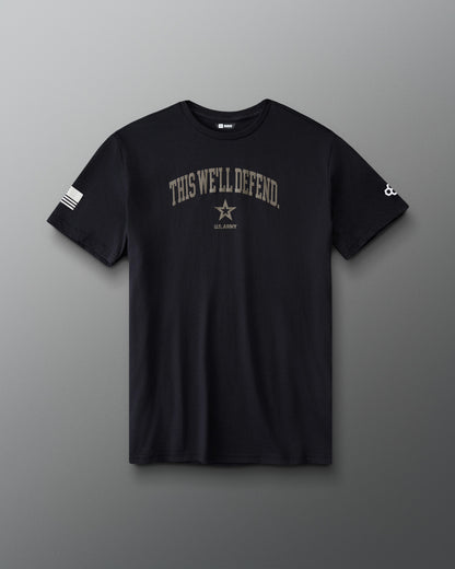 RUDIS U.S. Army Defend Elite Super Soft T-Shirt in Black, front view featuring THIS WE'LL DEFEND chest lettering, U.S. Army star emblem, American flag sleeve graphic, and RUDIS logo.
