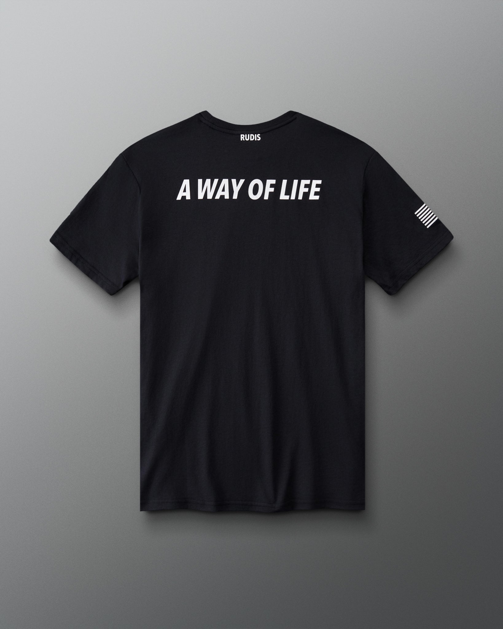 RUDIS U.S. Army Defend Elite Super Soft T-Shirt in Black, back view featuring bold white A WAY OF LIFE lettering, RUDIS neck branding, and American flag sleeve graphic.