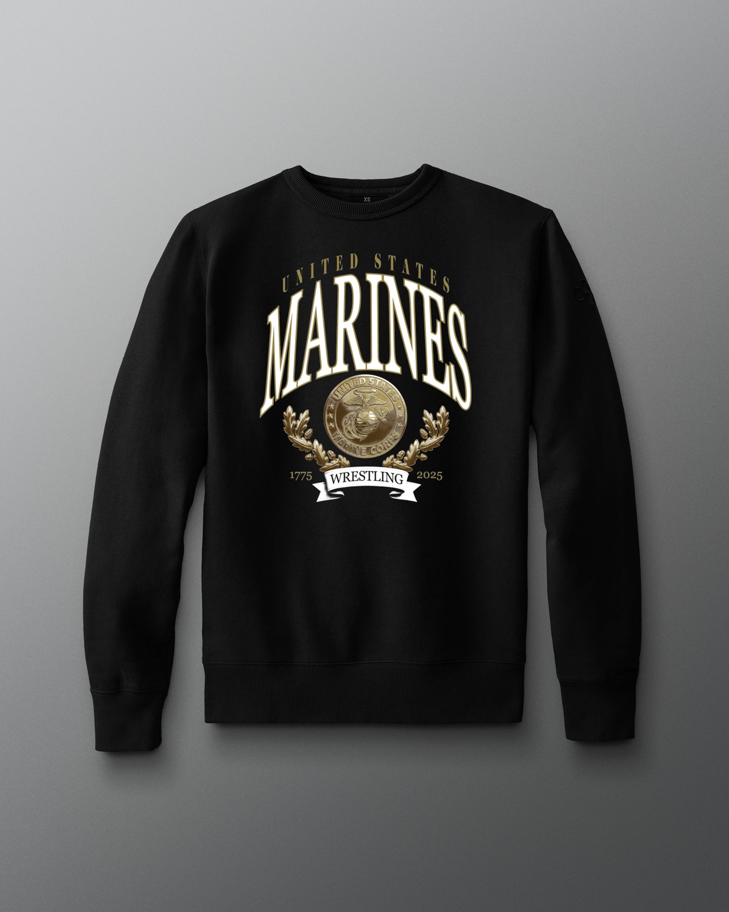 Black sweatshirt with 'United States Marines Wrestling' logo on a gray background