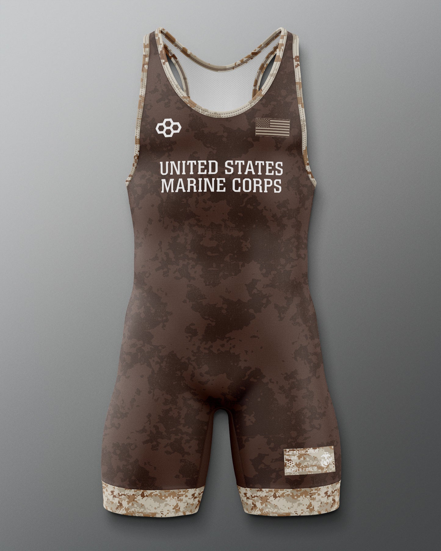 Camouflage wrestling singlet with 'United States Marine Corps' text on a gray background