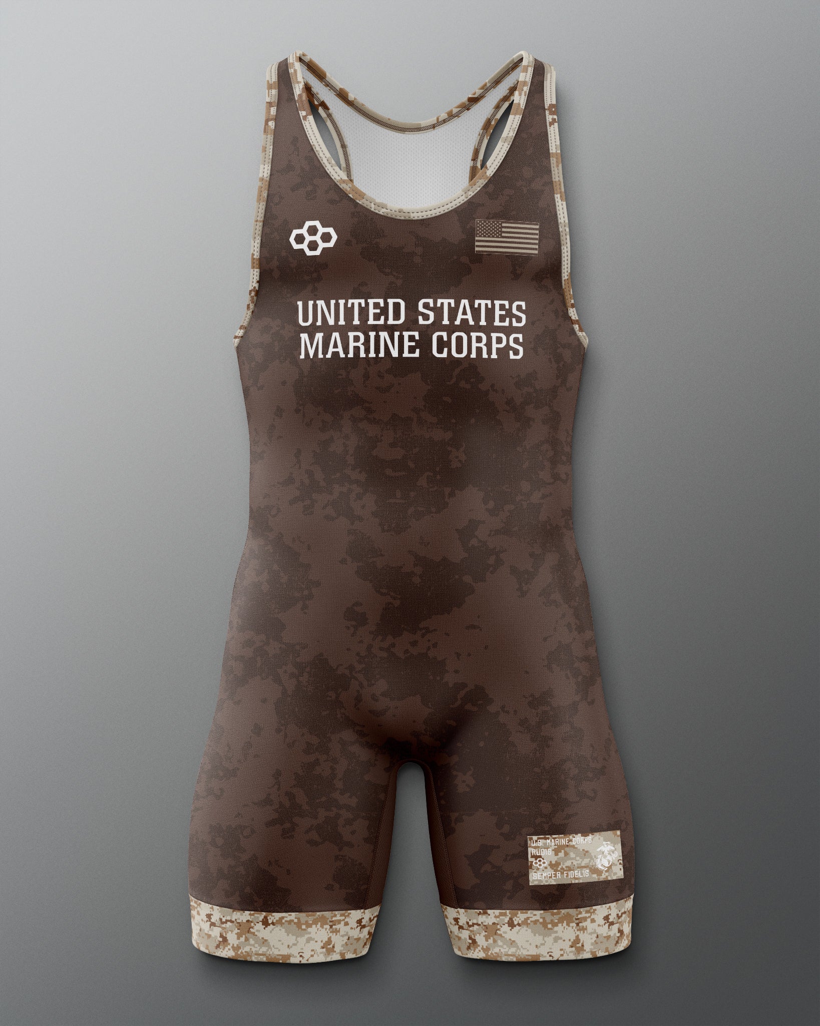 Camouflage wrestling singlet with 'United States Marine Corps' text on a gray background