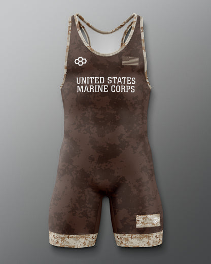Camouflage wrestling singlet with 'United States Marine Corps' text on a gray background