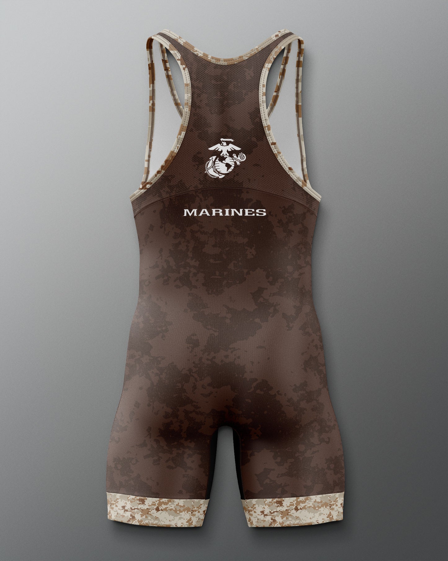 Brown camouflage wrestling singlet with 'Marines' text and logo on a gray background