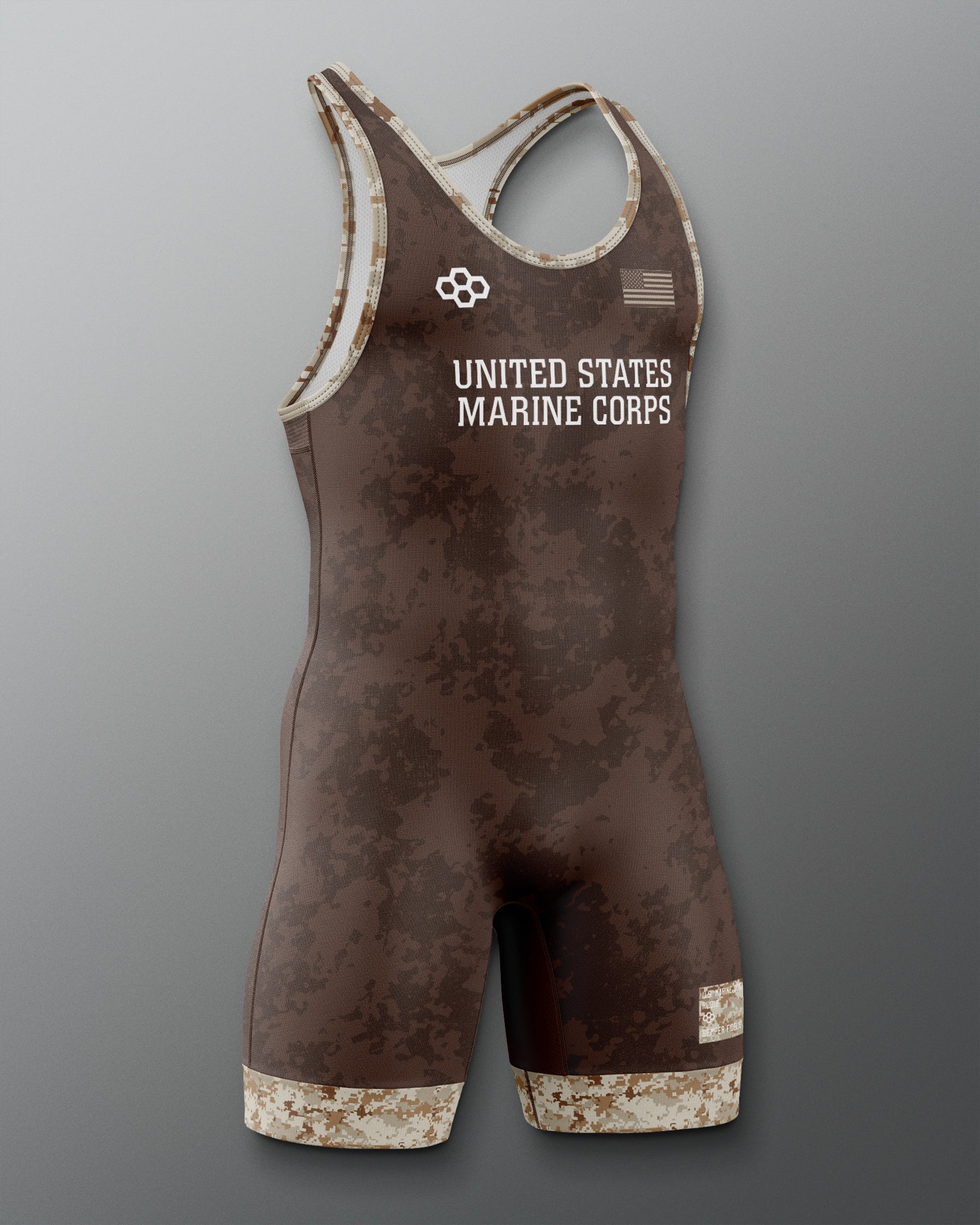 Brown wrestling singlet with 'United States Marine Corps' text on a gray background