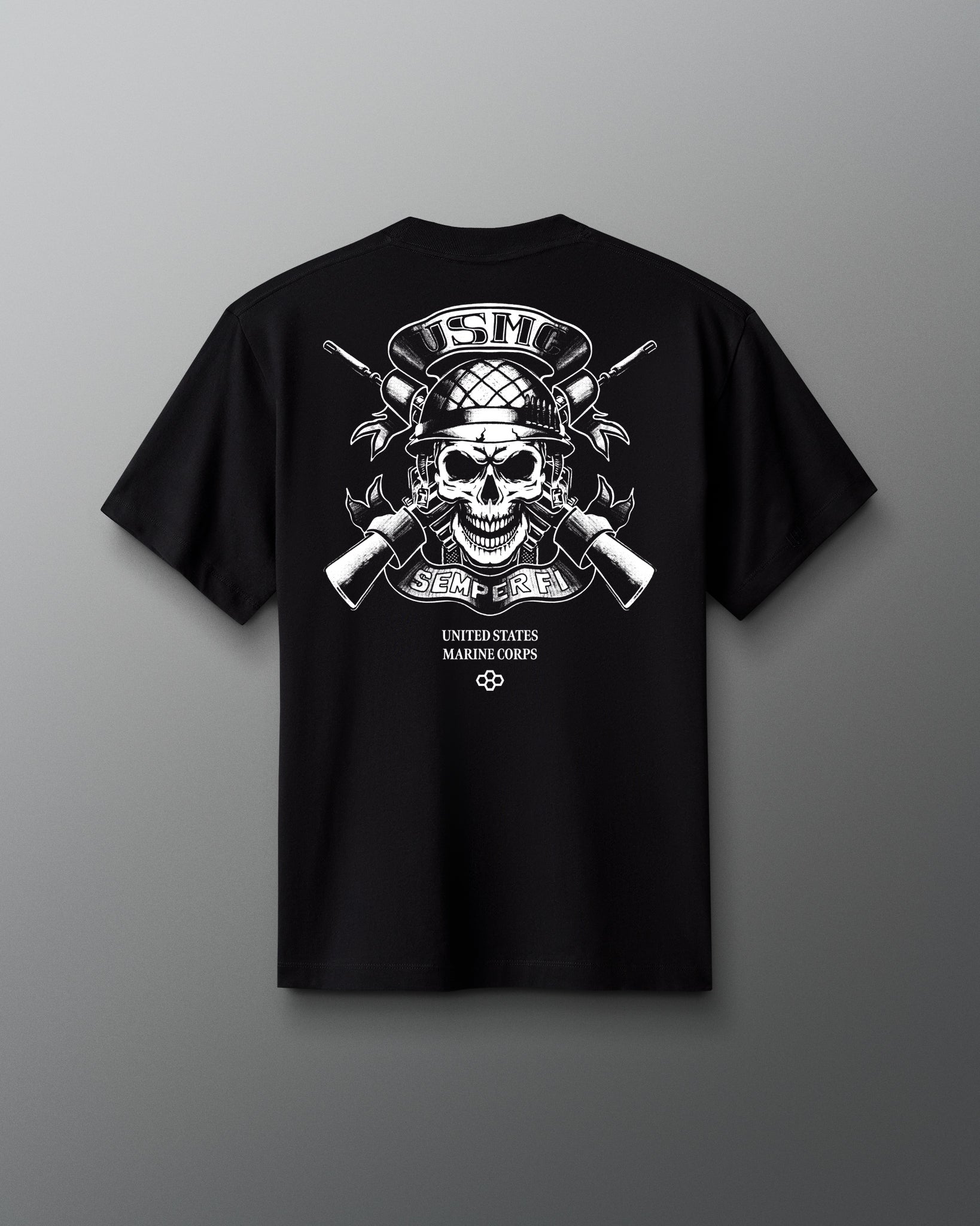 Back view of a black T-shirt featuring a white graphic of a skull wearing a combat helmet, crossed rifles, and the words ‘USMC,’ ‘Semper Fi,’ and ‘United States Marine Corps’ below.