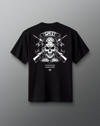 Back view of a black T-shirt featuring a white graphic of a skull wearing a combat helmet, crossed rifles, and the words ‘USMC,’ ‘Semper Fi,’ and ‘United States Marine Corps’ below.