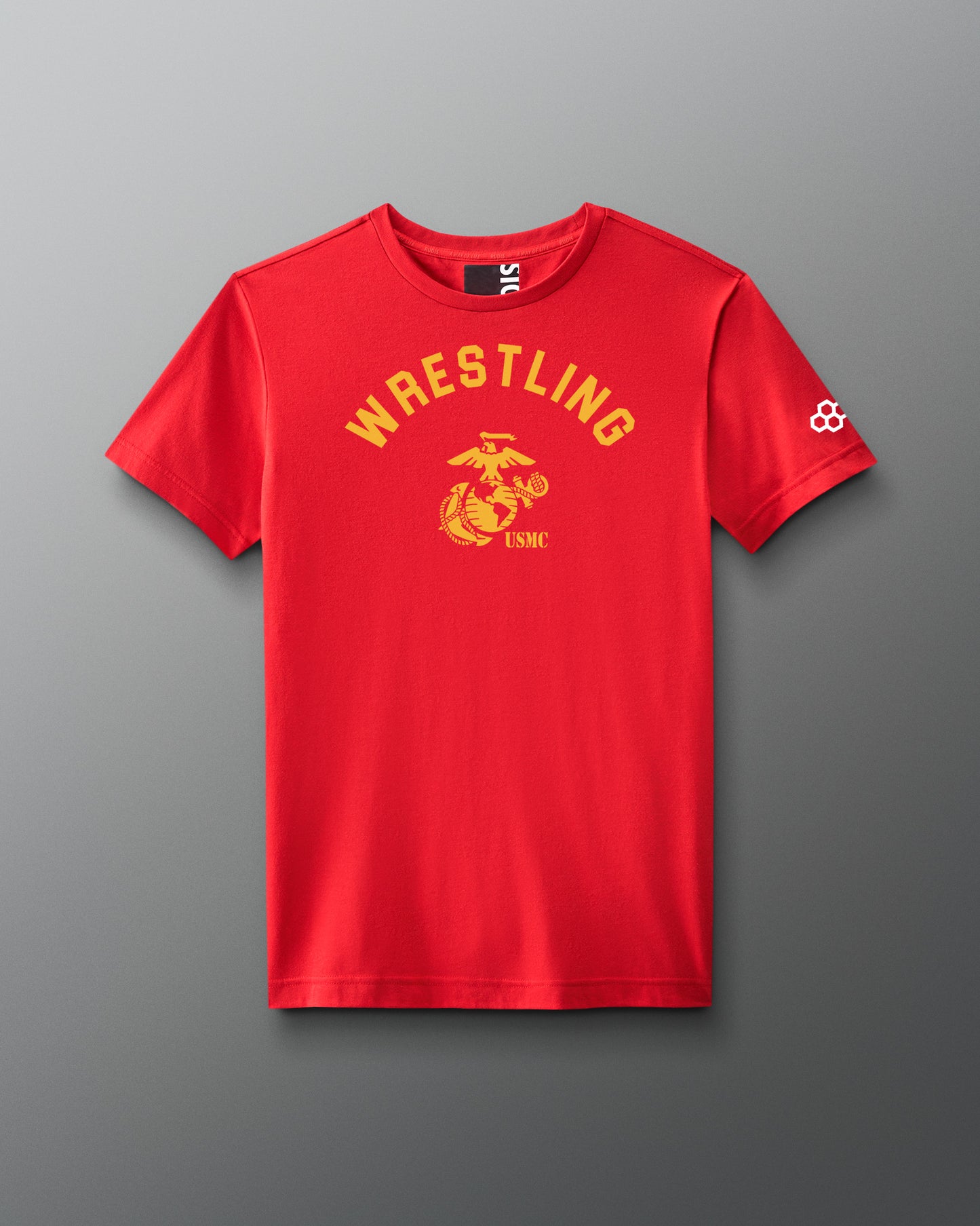 Red t-shirt with 'Wrestling' and logo on a gray background