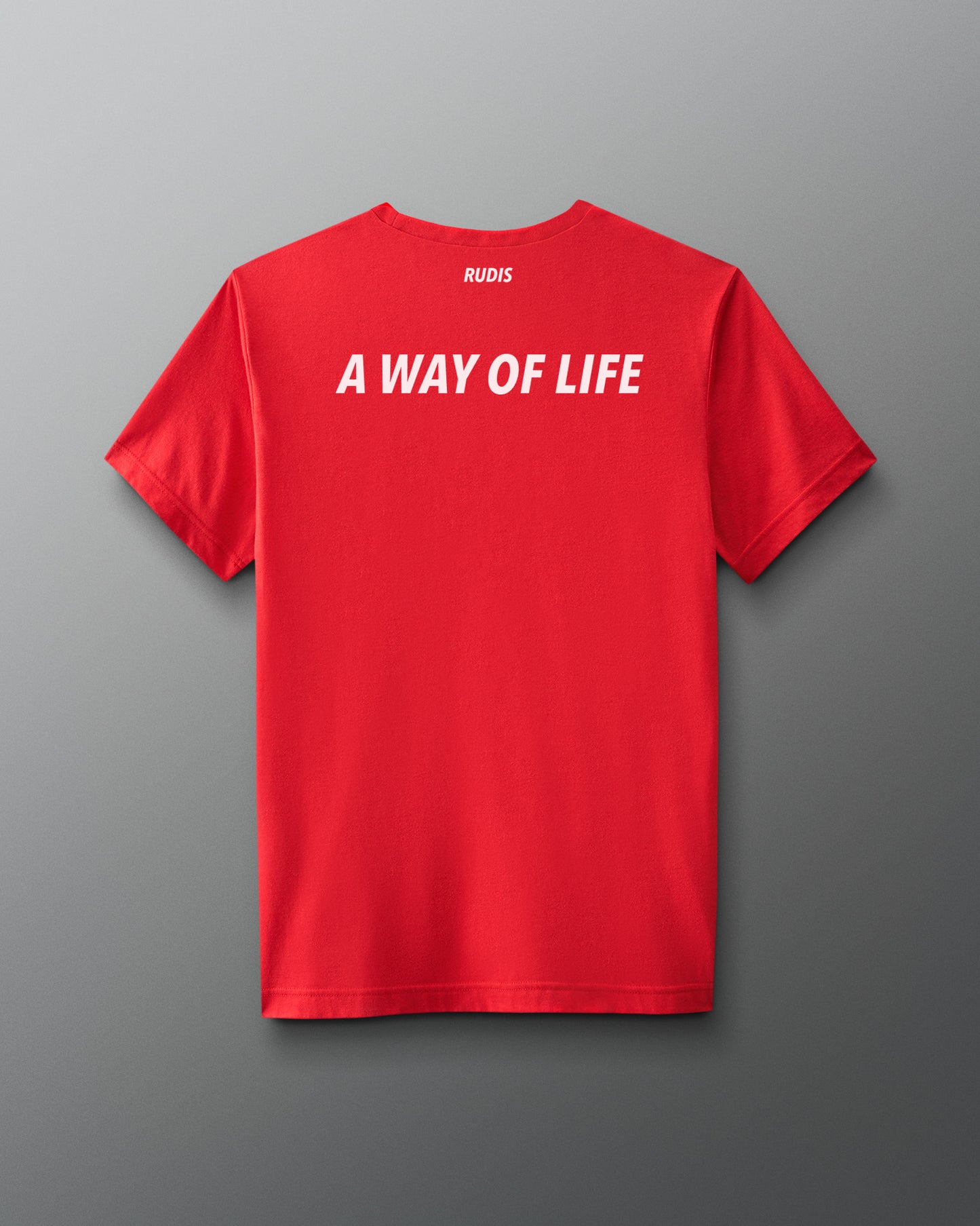 Red t-shirt with 'A Way of Life' text on the back against a gray background
