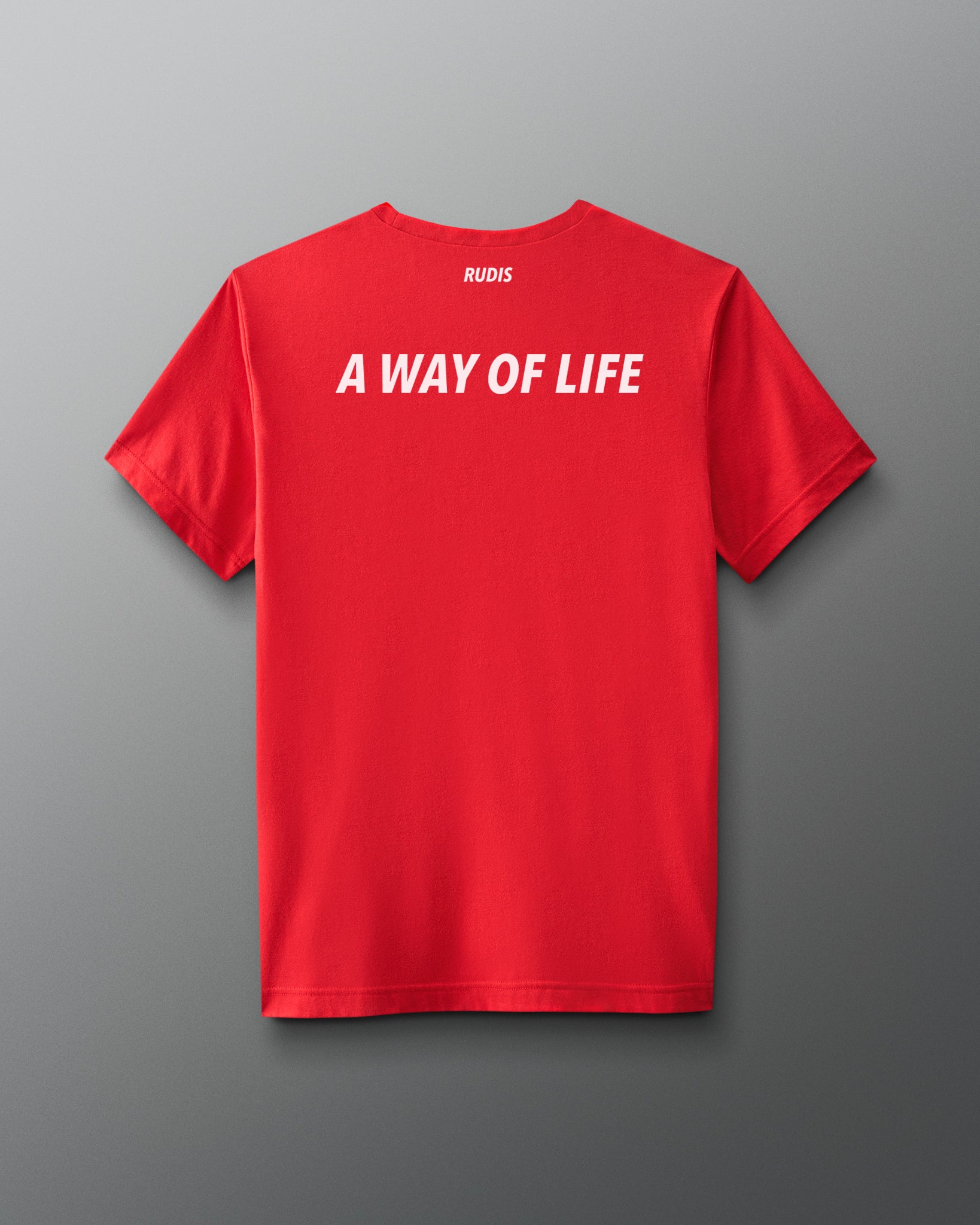 Red t-shirt with 'A Way of Life' text on the back against a gray background