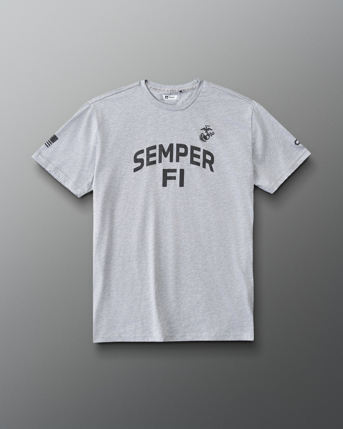 RUDIS USMC Semper Fi Elite Super Soft T-Shirt in Athletic Gray, front view featuring bold SEMPER FI chest lettering, Marine Corps emblem, American flag sleeve graphic, and RUDIS branding.