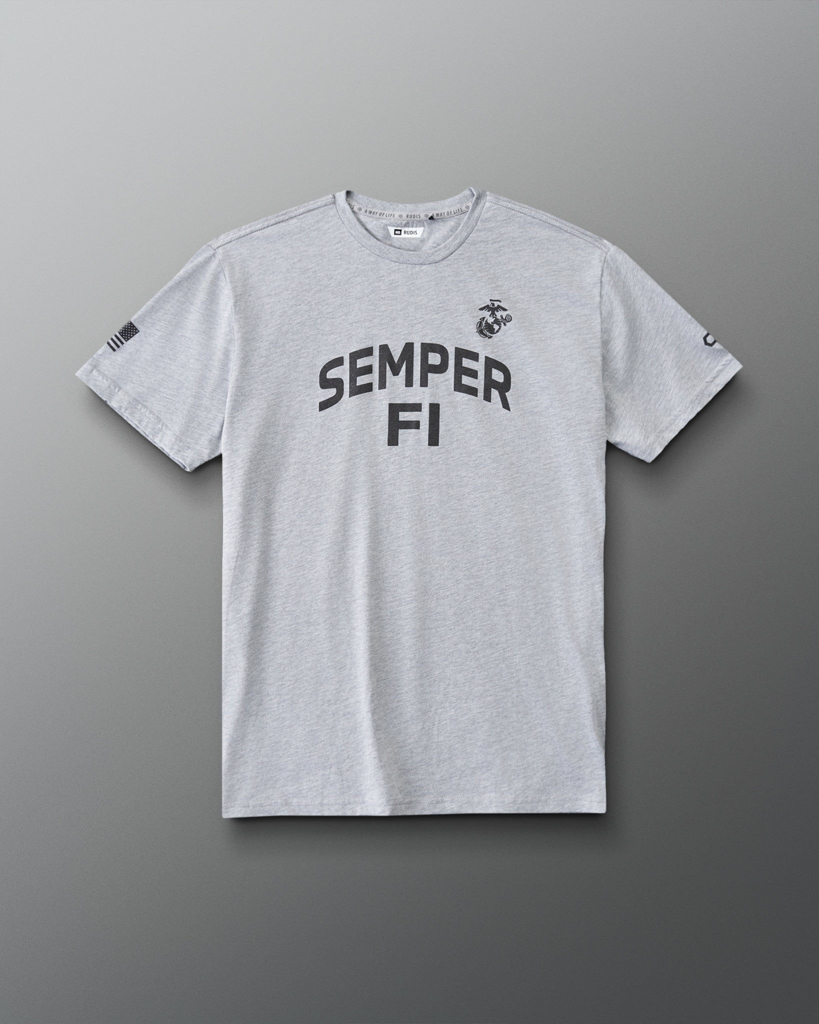 RUDIS USMC Semper Fi Elite Super Soft T-Shirt in Athletic Gray, front view featuring bold SEMPER FI chest lettering, Marine Corps emblem, American flag sleeve graphic, and RUDIS branding.