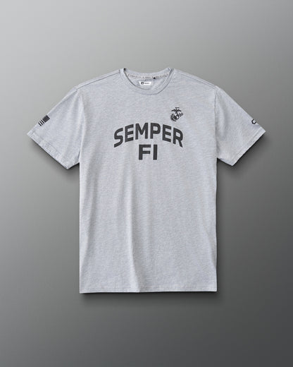 RUDIS USMC Semper Fi Elite Super Soft T-Shirt in Athletic Gray, front view featuring bold SEMPER FI chest lettering, Marine Corps emblem, American flag sleeve graphic, and RUDIS branding.