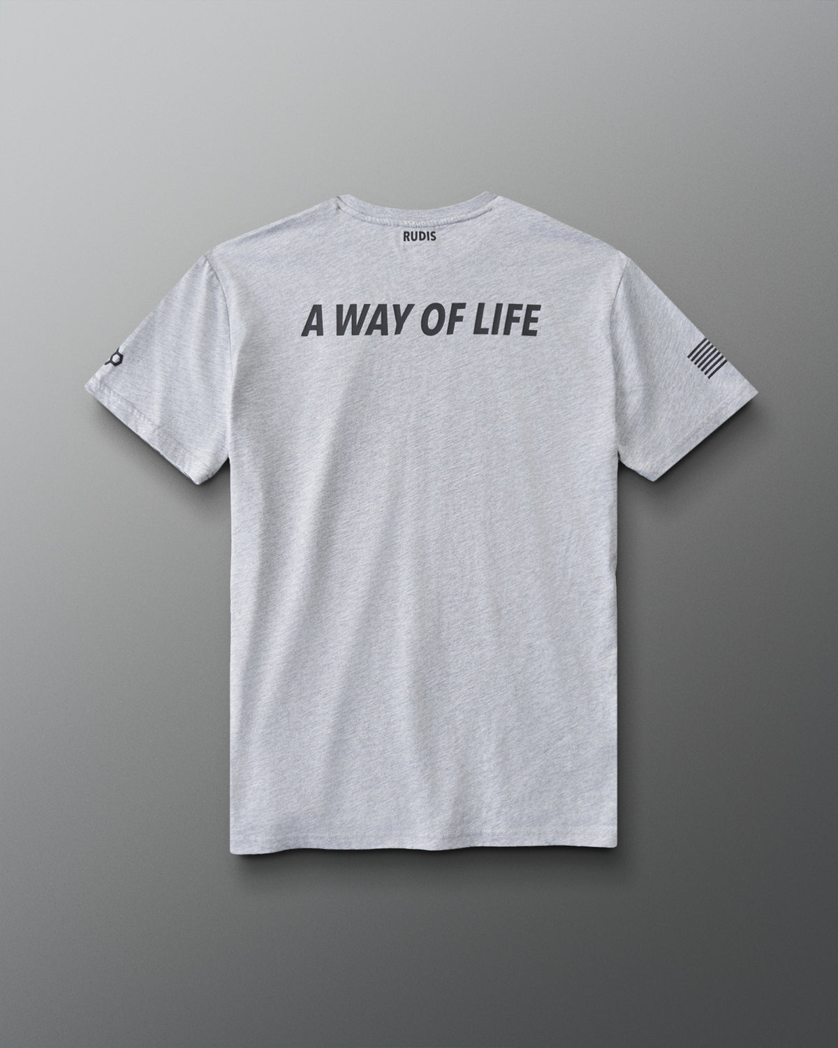 RUDIS USMC Semper Fi Elite Super Soft T-Shirt in Athletic Gray, back view featuring bold A WAY OF LIFE lettering, RUDIS neck branding, and American flag sleeve detail.