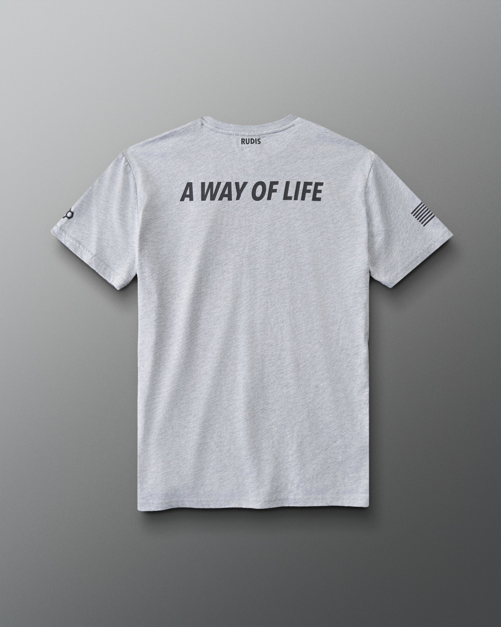 RUDIS USMC Semper Fi Elite Super Soft T-Shirt in Athletic Gray, back view featuring bold A WAY OF LIFE lettering, RUDIS neck branding, and American flag sleeve detail.