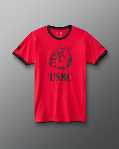 RUDIS USMC Devil Dog Ringer T-Shirt in Red/Black, front view featuring a bold black bulldog graphic above USMC lettering, contrasting black collar and sleeve cuffs, and American flag sleeve detail. 