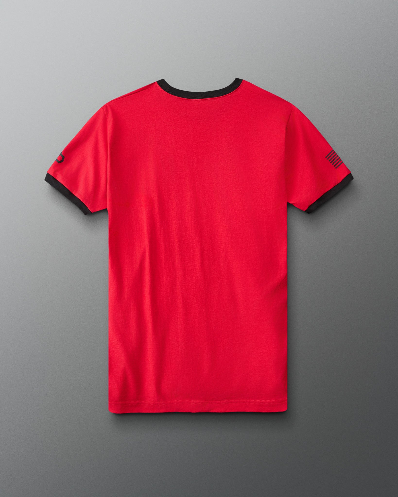 RUDIS USMC Devil Dog Ringer T-Shirt in Red/Black, back view showing a solid red shirt body, contrasting black collar and sleeve cuffs, American flag sleeve graphic, and RUDIS sleeve logo.