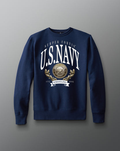 Blue U.S. Navy sweatshirt with emblem on a gray background