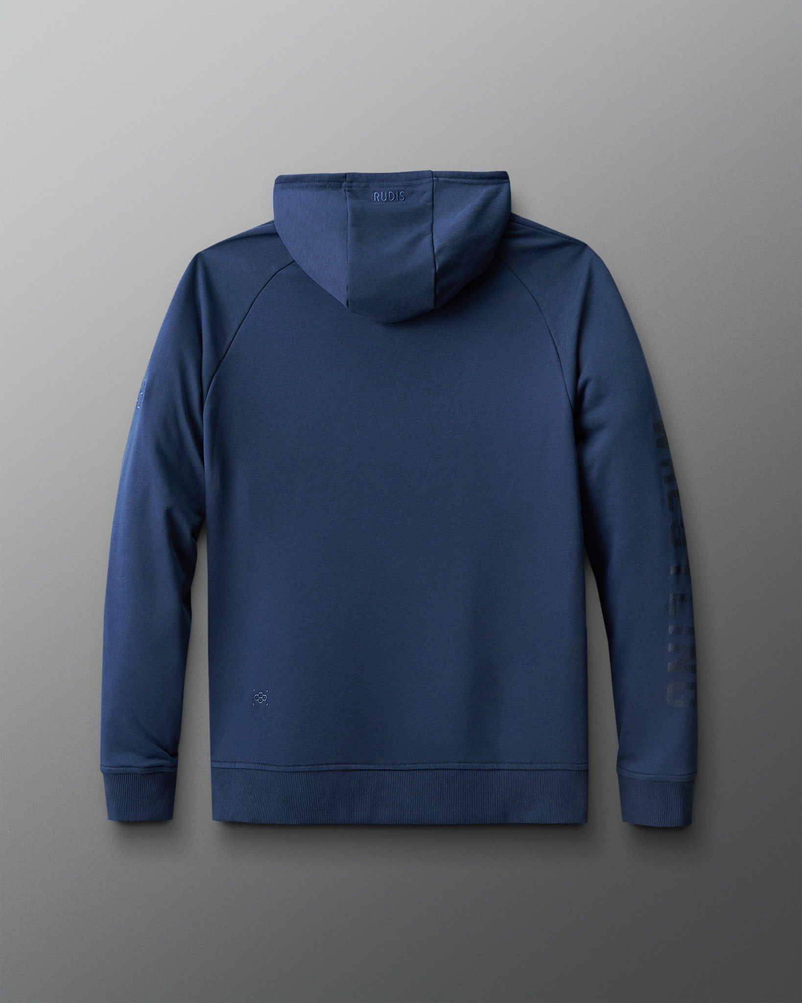 Back of Blue hoodie on a gray background with RUDIS Hood wordmark