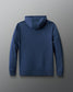Back of Blue hoodie on a gray background with RUDIS Hood wordmark
