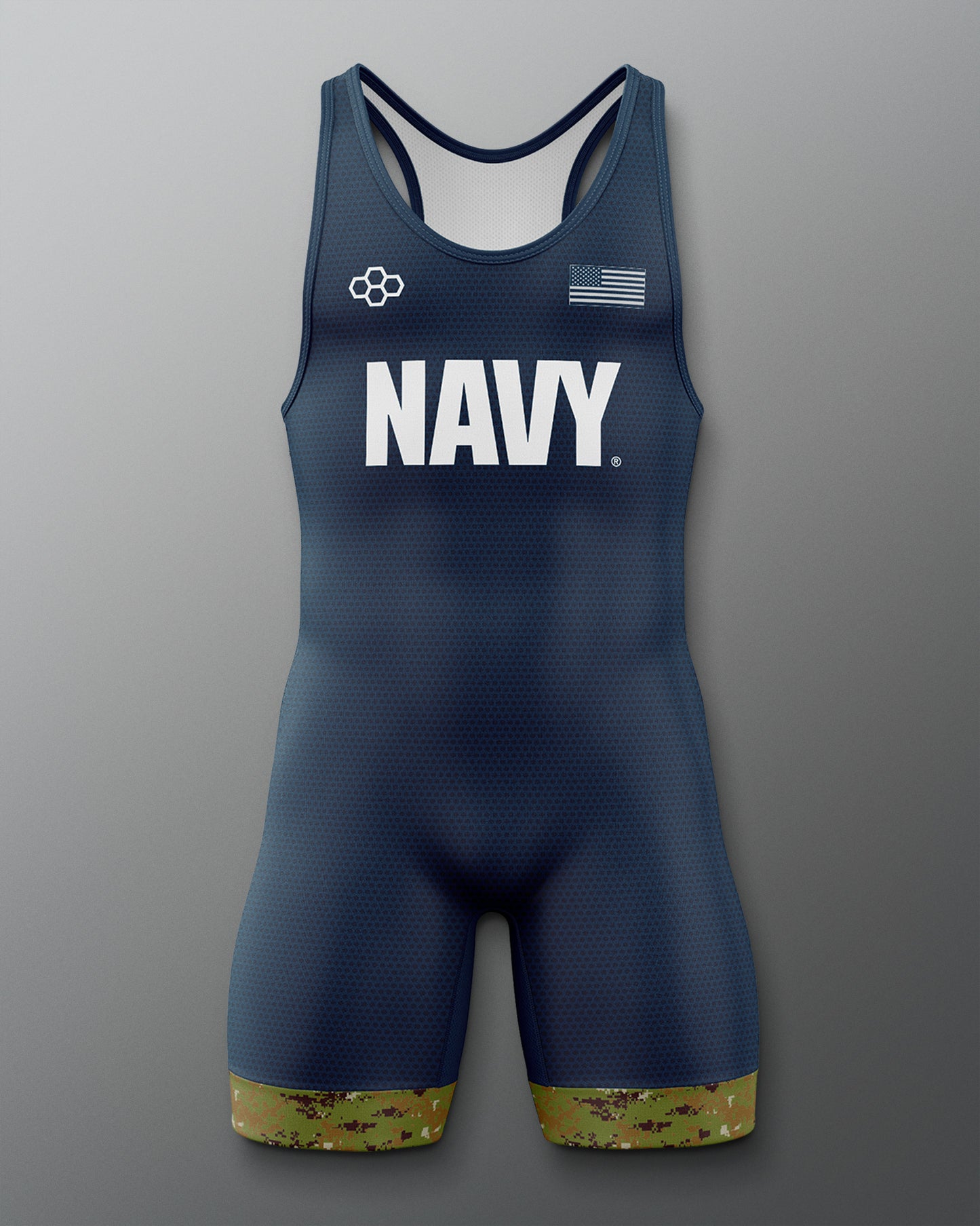 Navy wrestling singlet with 'NAVY' printed on the front against a light gray background