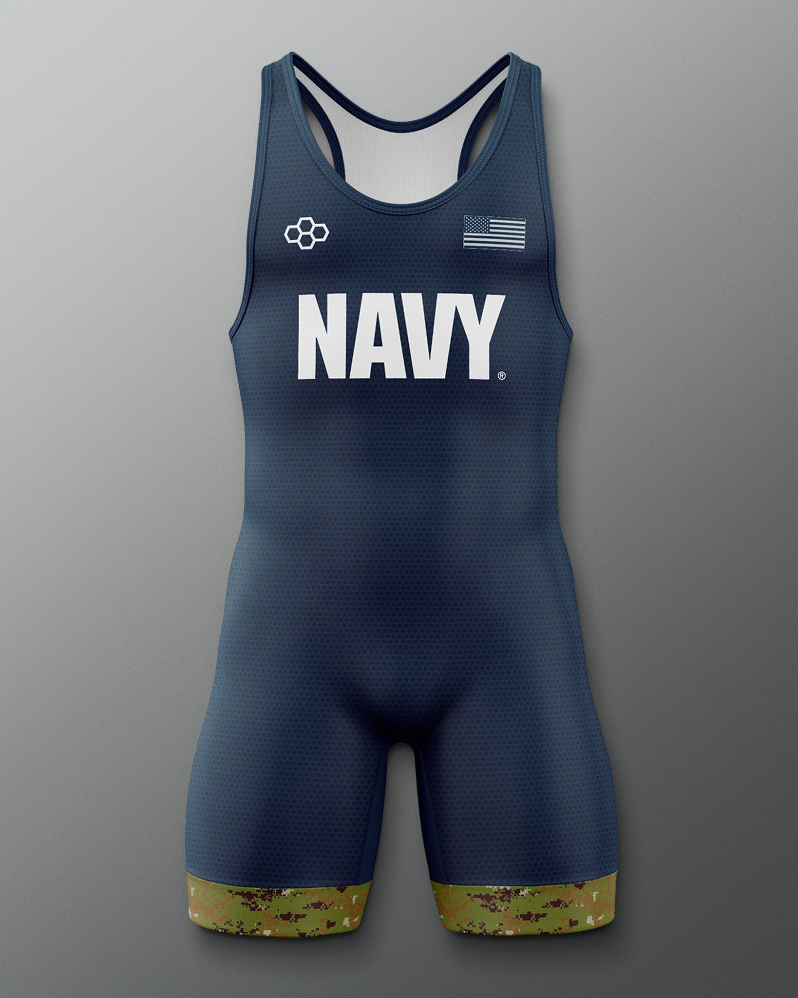Navy wrestling singlet with 'NAVY' printed on the front against a light gray background