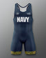 Navy wrestling singlet with 'NAVY' printed on the front against a light gray background