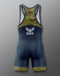 Navy blue and camouflage wrestling singlet with a logo on a white background