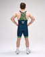Person wearing a blue and green wrestling singlet on a gray background
