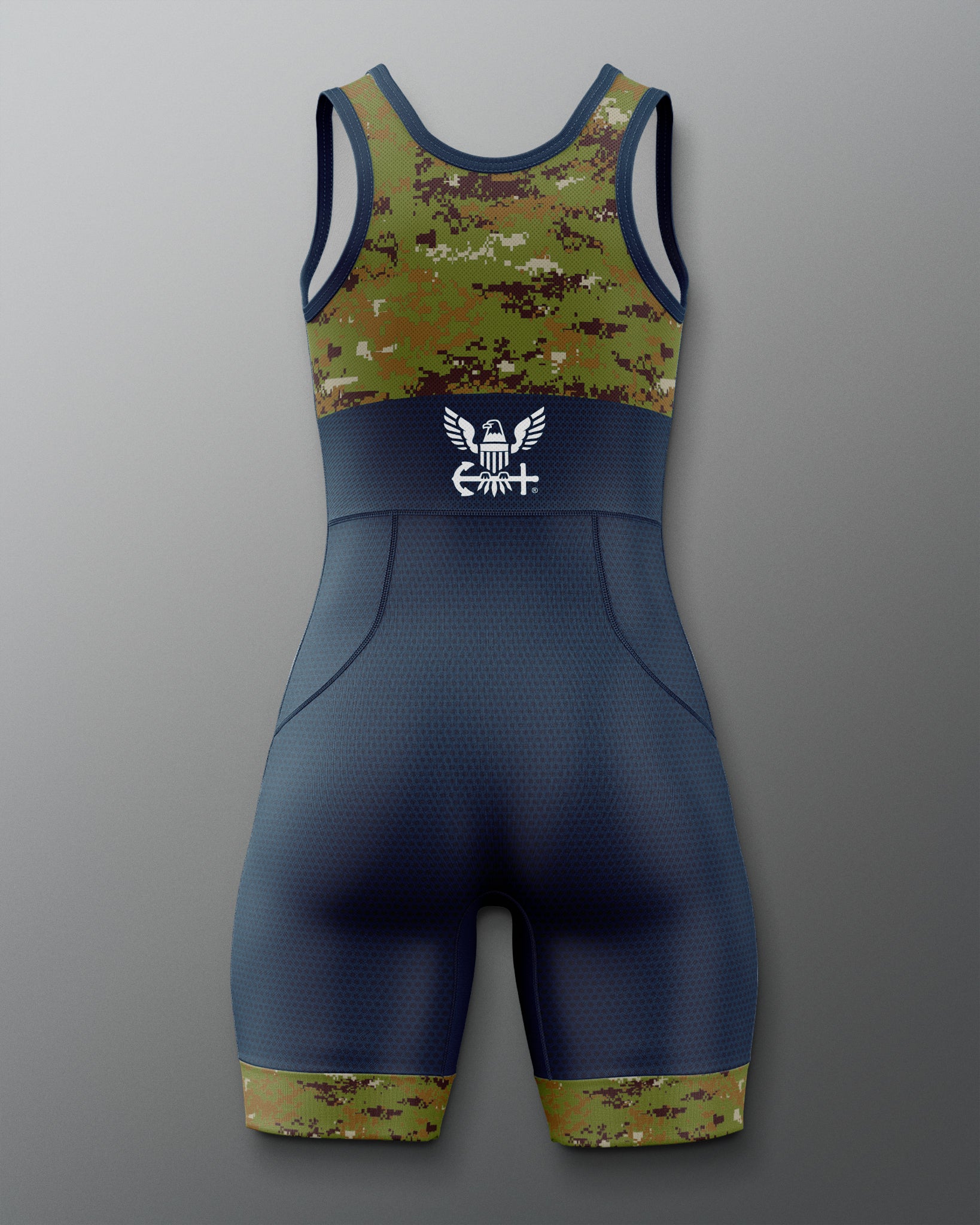 Wrestling singlet with camouflage top and bottom on a gray background