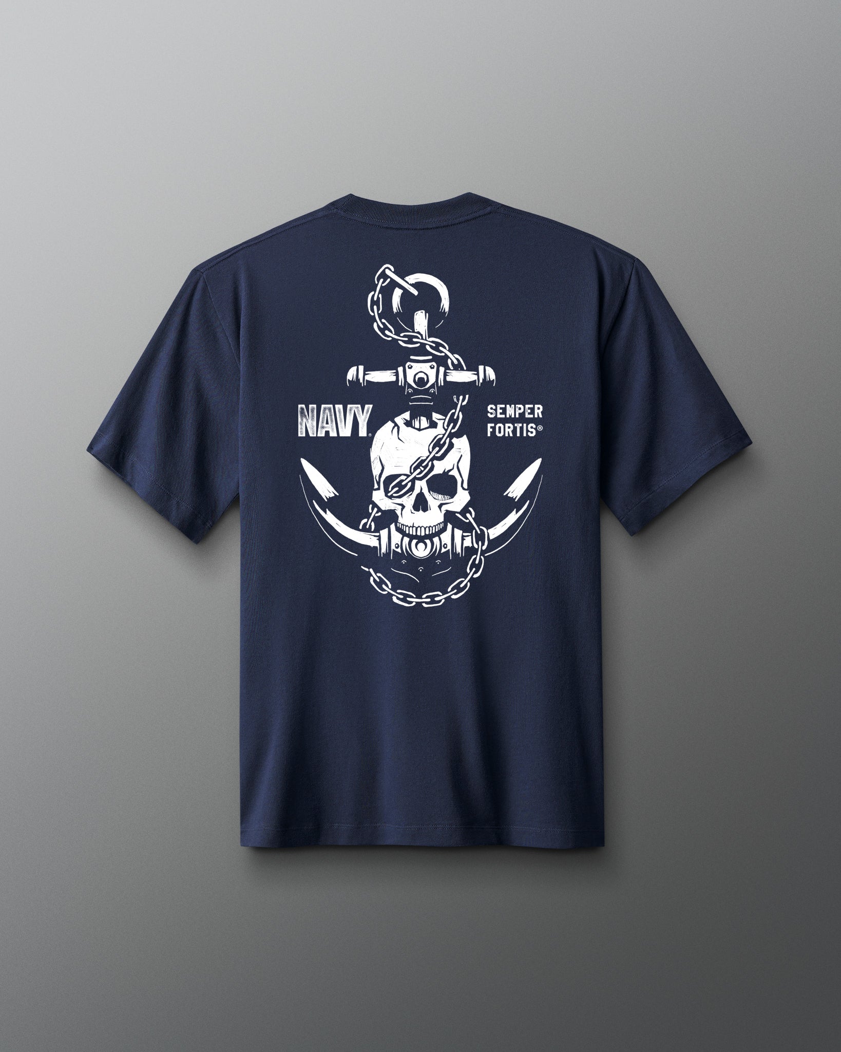 Back view of a navy blue T-shirt featuring a bold white graphic of a chained anchor, skull, and crossed blades with the words ‘NAVY’ and ‘SEMPER FORTIS’ printed on either side.
