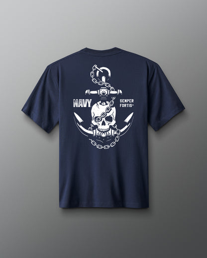 Back view of a navy blue T-shirt featuring a bold white graphic of a chained anchor, skull, and crossed blades with the words ‘NAVY’ and ‘SEMPER FORTIS’ printed on either side.