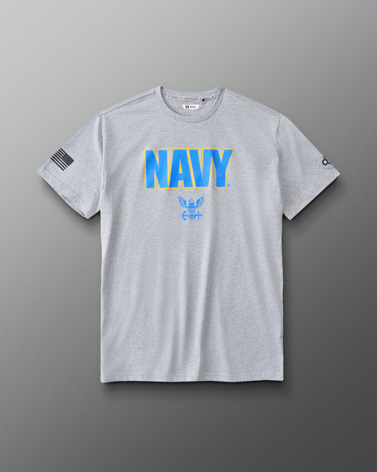 RUDIS U.S. Navy Elite Super Soft T-Shirt in Athletic Gray, front view featuring bold blue and gold NAVY lettering, eagle insignia, American flag sleeve graphic, and crew neckline. Copy Alt Text