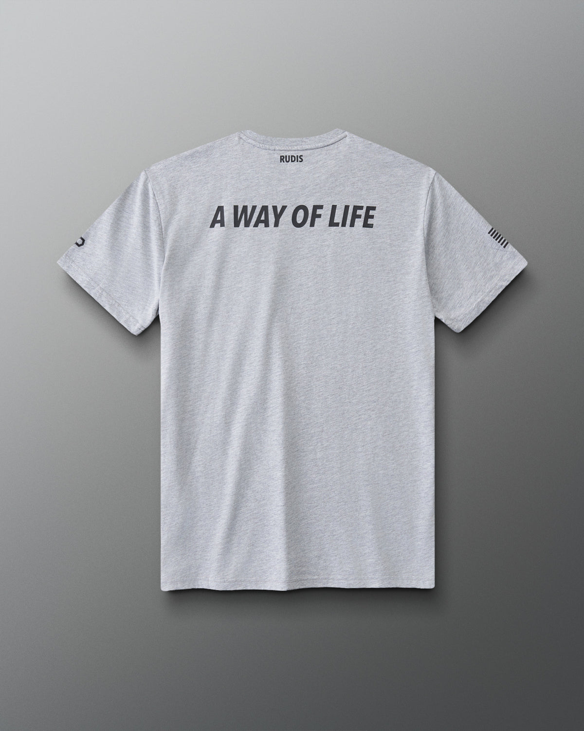 RUDIS U.S. Navy Elite Super Soft T-Shirt in Athletic Gray, back view featuring black A WAY OF LIFE lettering across the upper back, RUDIS neck branding, and American flag sleeve detail. Copy Alt Text