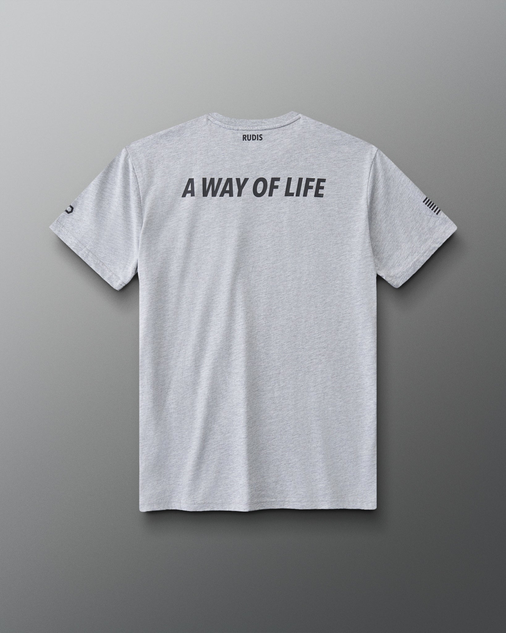 RUDIS U.S. Navy Elite Super Soft T-Shirt in Athletic Gray, back view featuring black A WAY OF LIFE lettering across the upper back, RUDIS neck branding, and American flag sleeve detail. Copy Alt Text