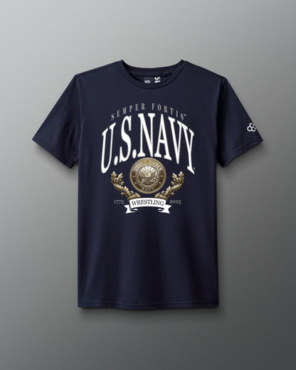 Navy blue t-shirt with U.S. Navy logo on a gray background