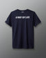 Navy blue t-shirt with 'A Way of Life' text on a gray background