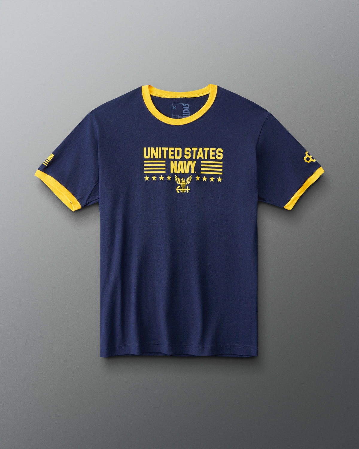 RUDIS U.S. Navy Ringer T-Shirt in Navy/Yellow, front view featuring gold United States Navy chest graphic, eagle emblem, stars, and yellow collar and sleeve trim.