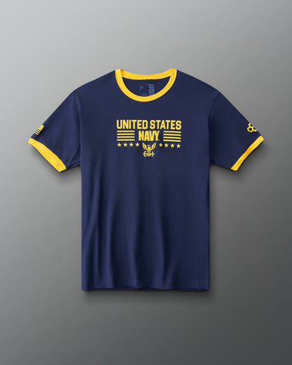 RUDIS U.S. Navy Ringer T-Shirt in Navy/Yellow, front view featuring gold United States Navy chest graphic, eagle emblem, stars, and yellow collar and sleeve trim.