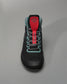 A modern black sneaker with a red and teal color scheme featuring a breathable mesh upper and stylish design elements