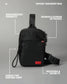 Black Odyssey crossbody pack with white text callouts highlighting features like water-resistant durability, interior and exterior zip pockets, compact size, and adjustable fit on a gray background.