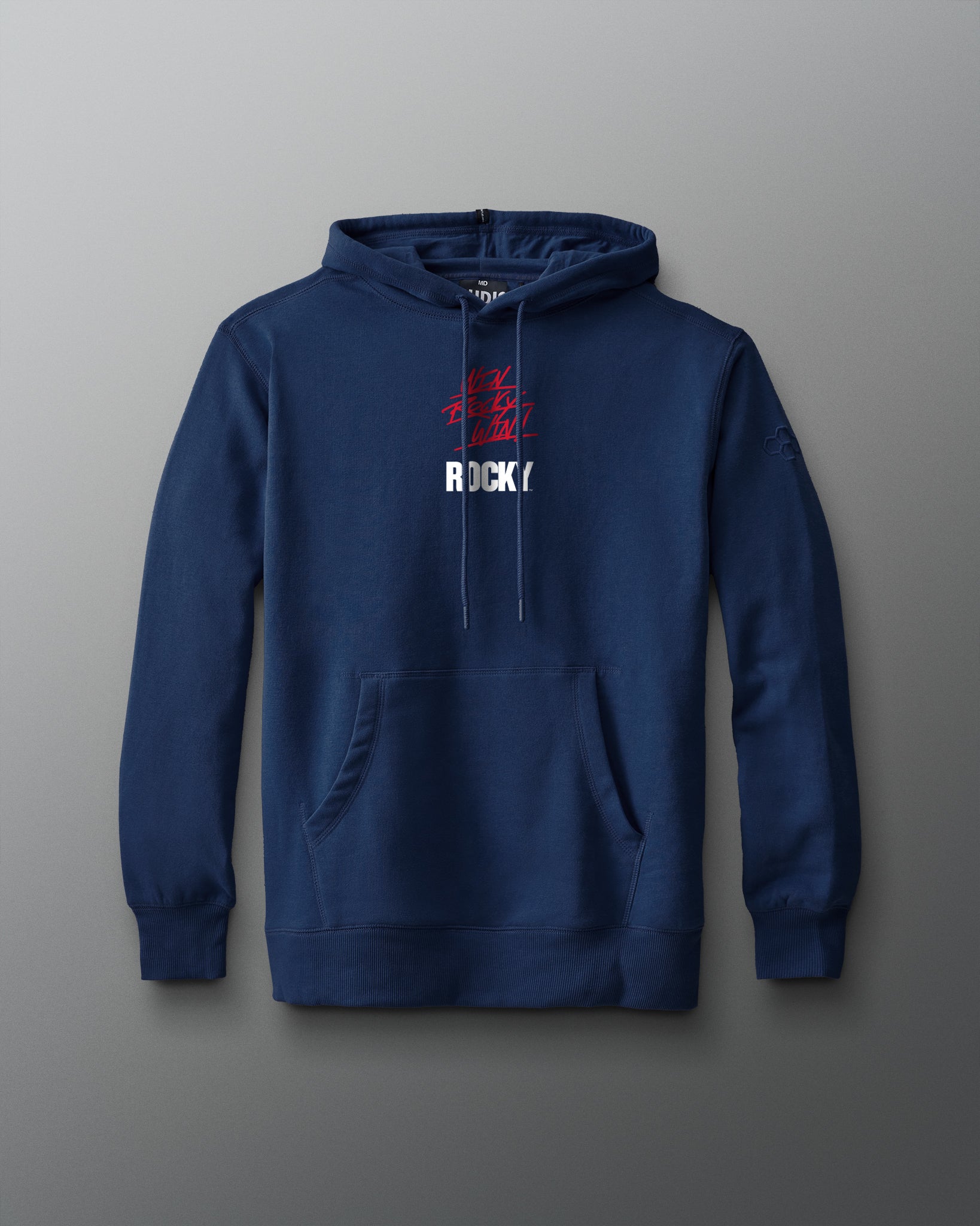 Blue hoodie with 'Rocky' text on a gray background