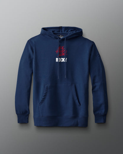 Blue hoodie with 'Rocky' text on a gray background