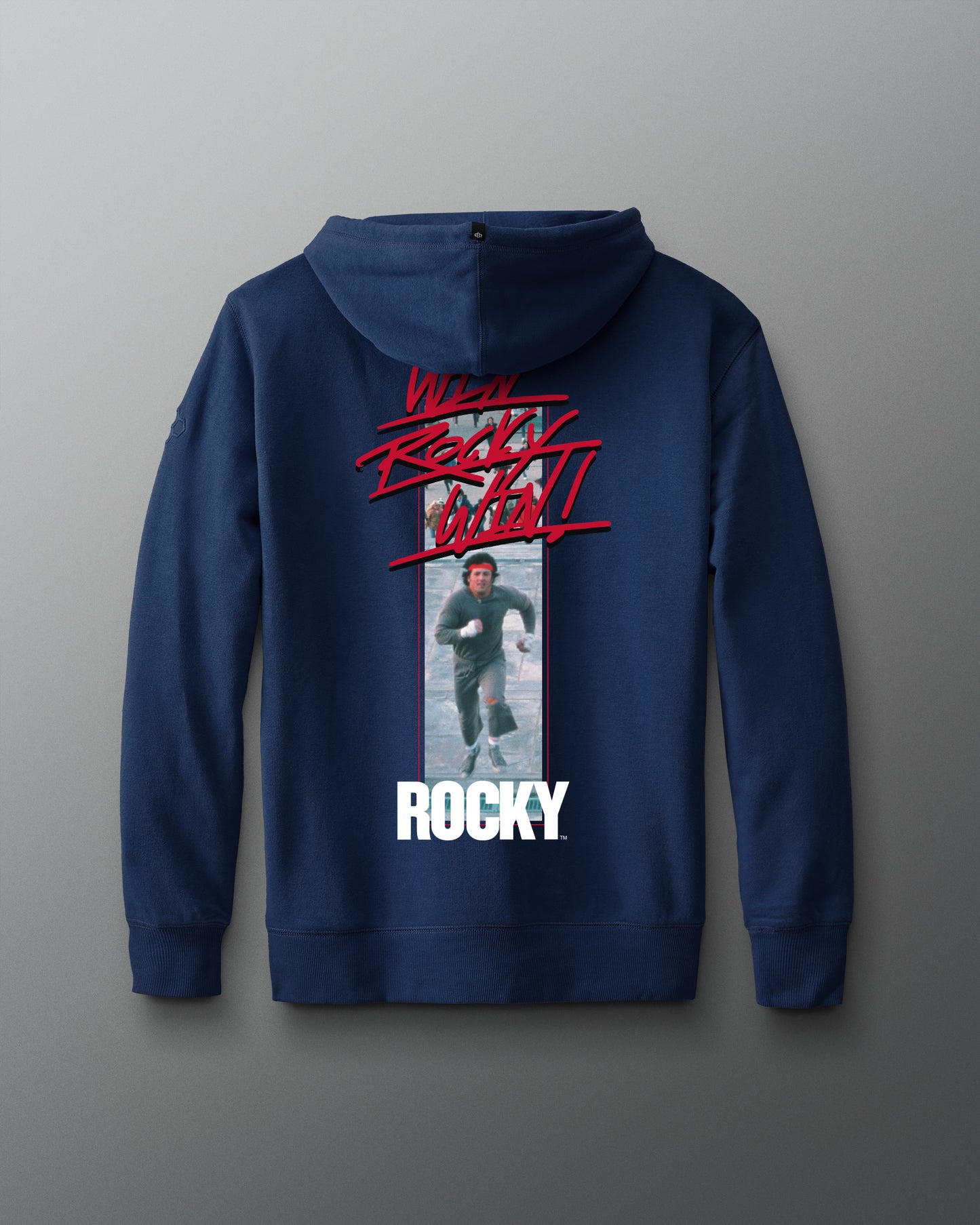 Blue hoodie with 'Rocky' graphic on a gray background