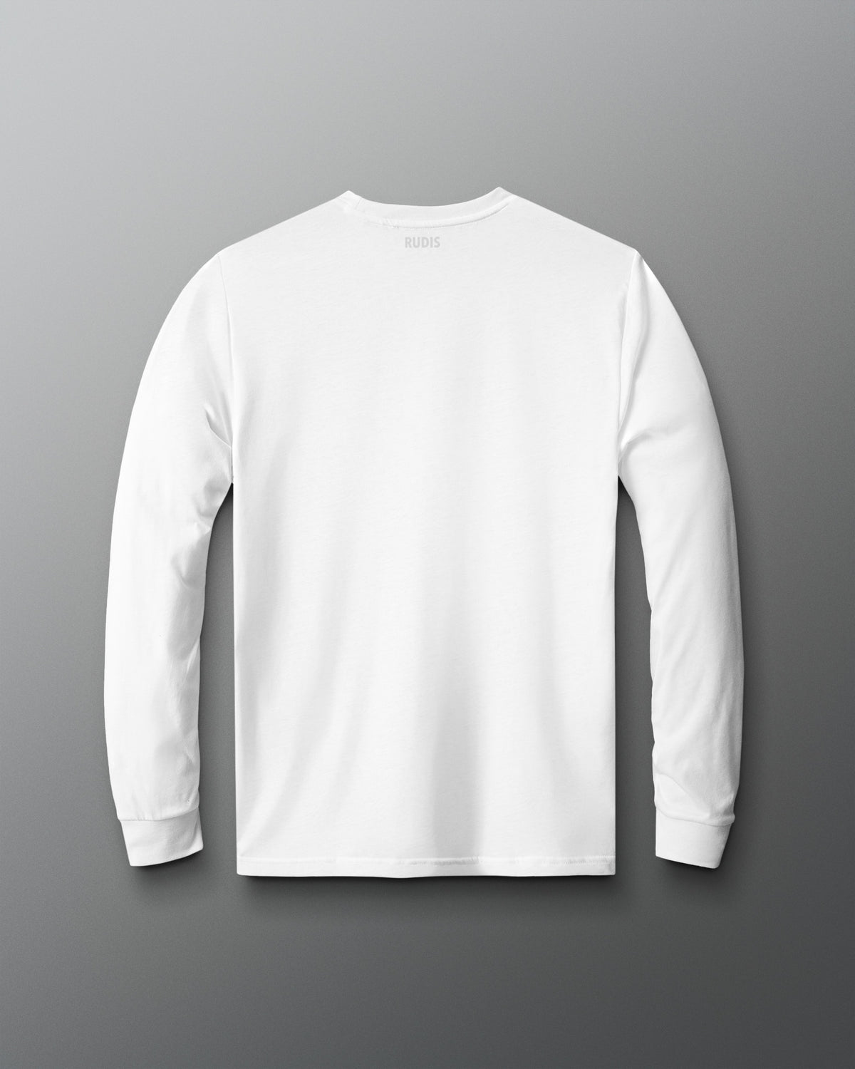 A white long-sleeve crewneck shirt shown from the back, featuring a small black 'RUDIS' brand logo printed at the inner neckline, set against a dark gray gradient background.