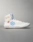 A stylish high-top white athletic shoe featuring blue accents and a distinctive Rocky embroidery on the collar for a unique look