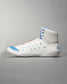 A modern white sneaker featuring blue accents red laces and a textured sole designed for performance and style