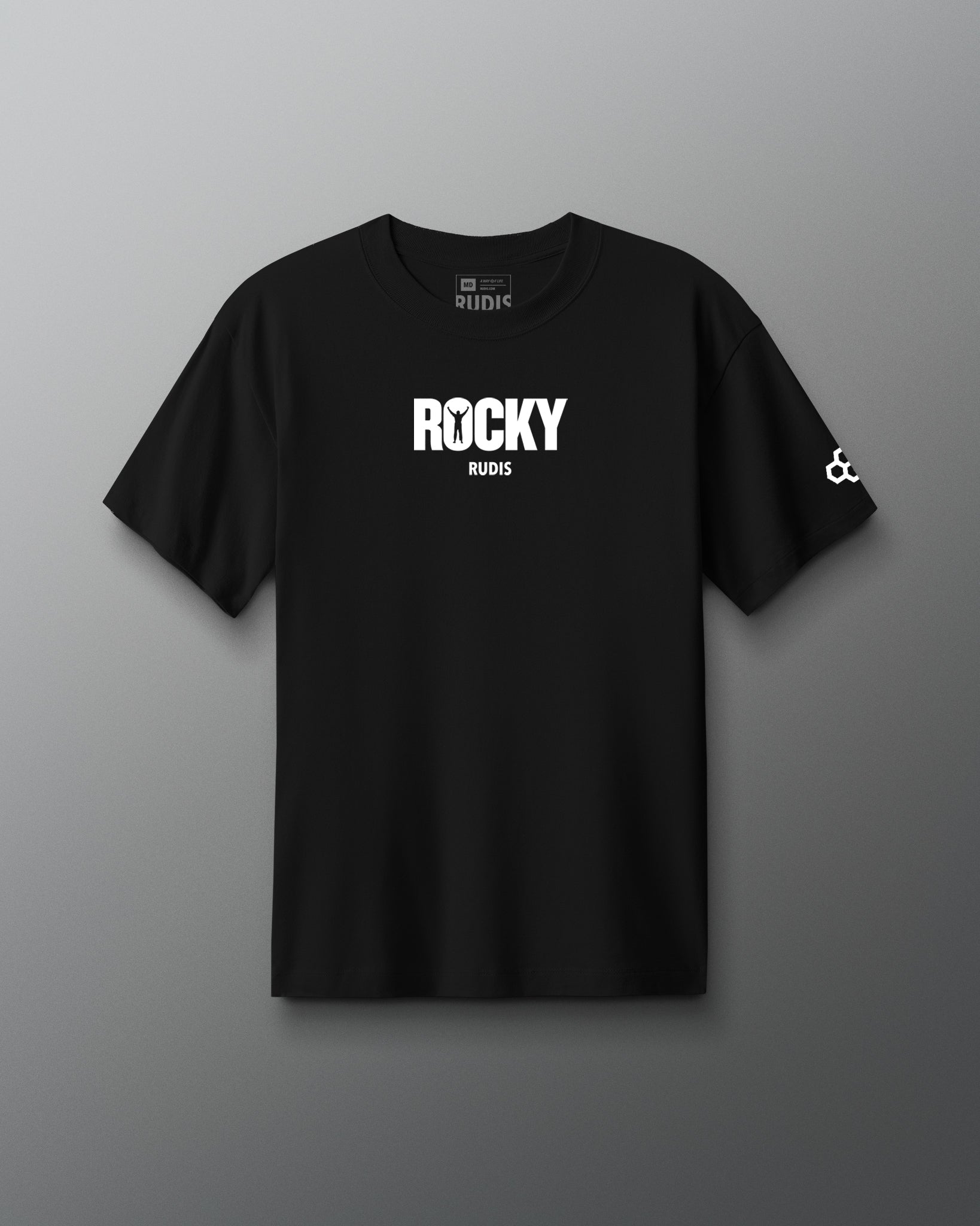 Front view of the RUDIS ROCKY Million to One Heavyweight T-Shirt in black, featuring a white ROCKY RUDIS chest graphic and RUDIS logo on the sleeve.