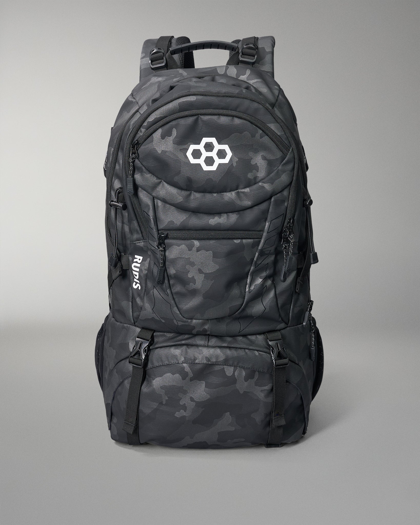 Black camouflage backpack with a logo on a gray background